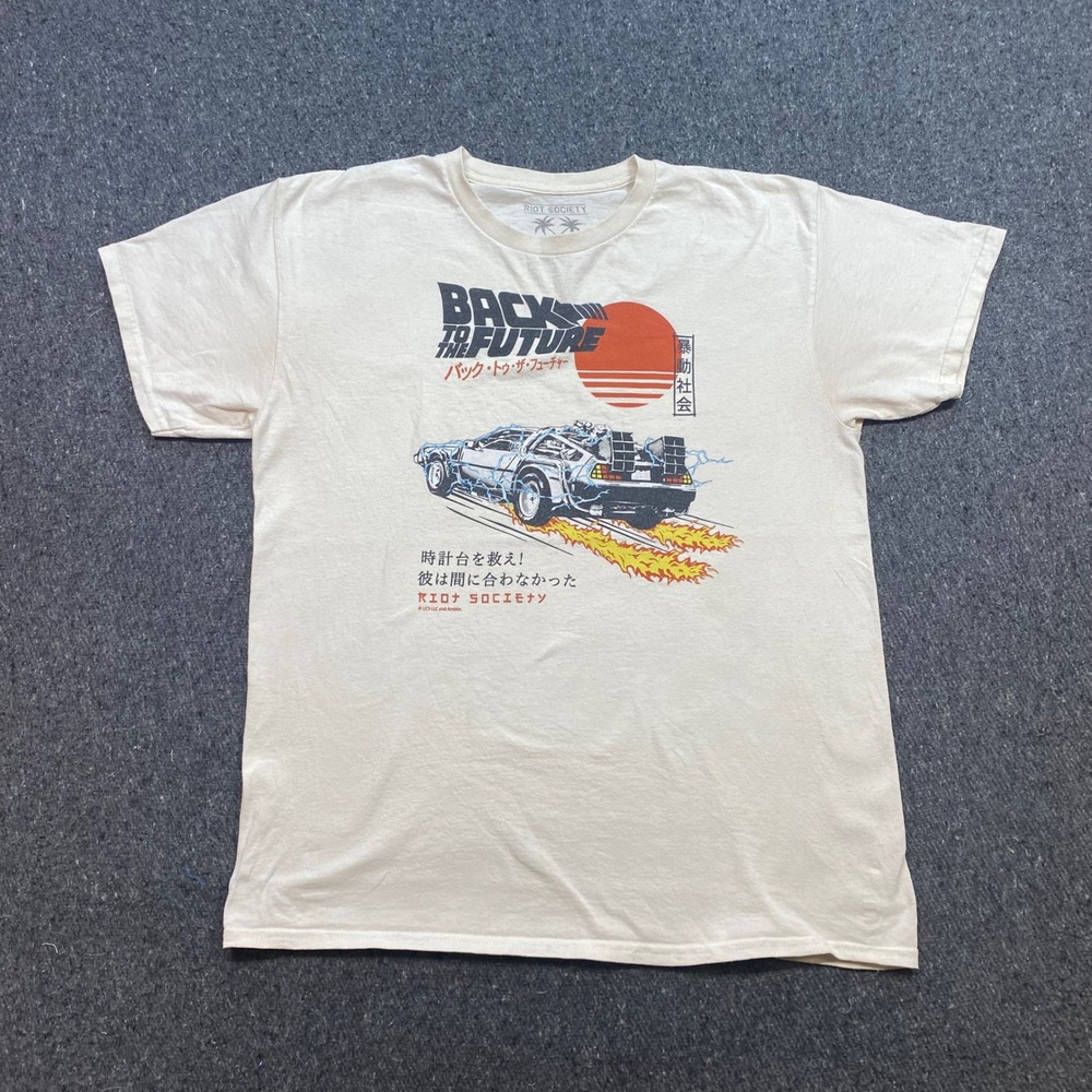 Riot Society Back to the Future TShirt Sz L Mens Cream Streetwear Graphic Tee